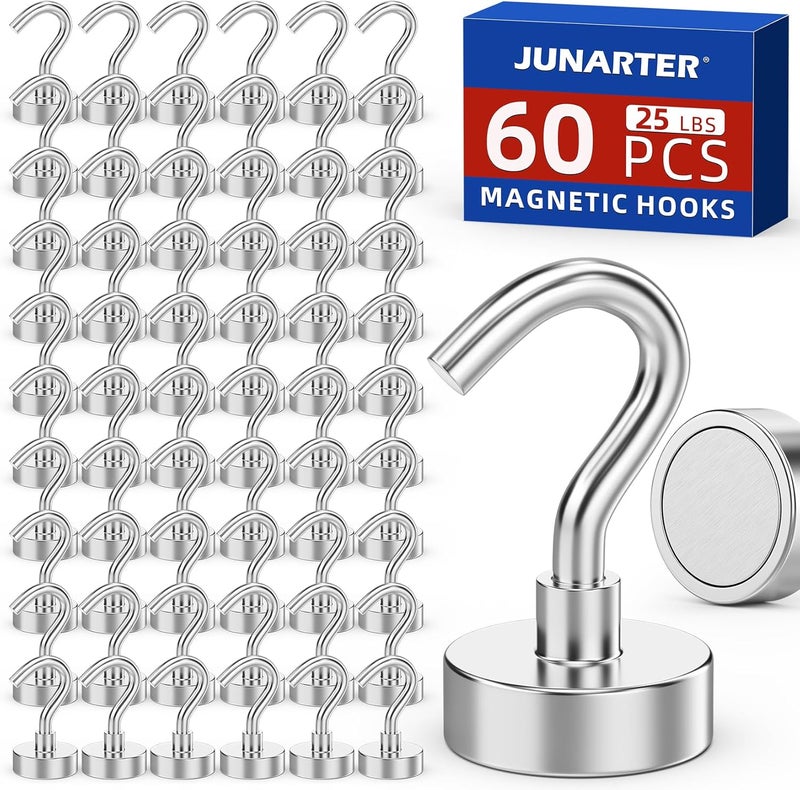 Junarter Magnetic Hooks,60 Pack Magnetic Hooks for Cruise Cabins, 25lbs Magnet Hooks, Strong Magnetic Hook Heavy Duty, Magnets with Hooks, Metal Magnetic Hook for Hanging, Refrigerator, Grill - Image 1